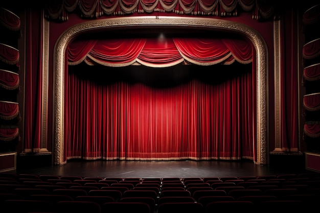 Glorious red curtain above empty theatre stage generative ai