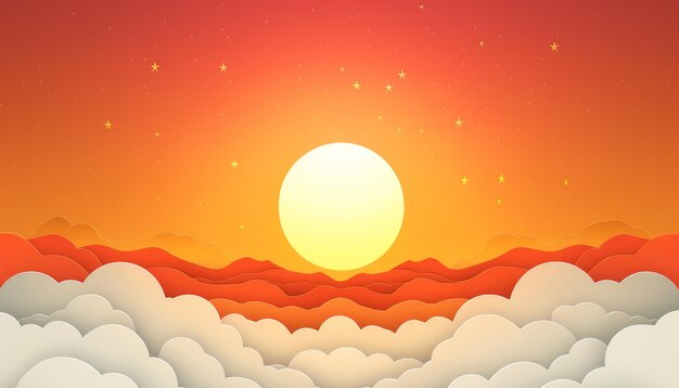 Glorious Sunrise Over Peaceful Cloudscape with Warm Colors and Radiant Sun Beaming Over Rolling