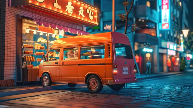 Glorious Van automobile with ice cream retail parked on street near building in downtown at evening