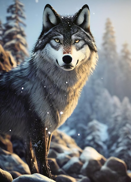 Glorious Wolf In Forest Cartoon Style Raster Illustration.