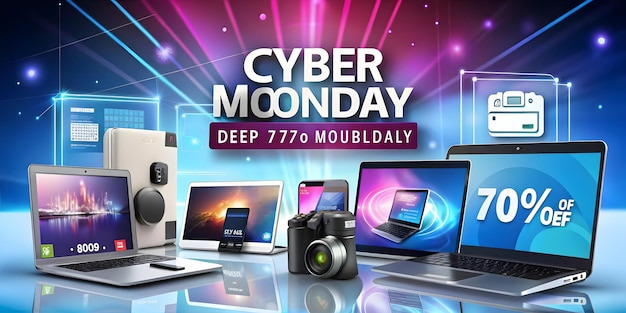 Photo glossy background of floating tech gadgets highlighting cyber monday discounts with glowing labels i