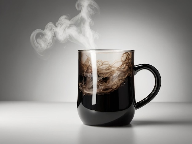 Photo a glossy black mug with steam rising from it placed on a clean smart white backdrop