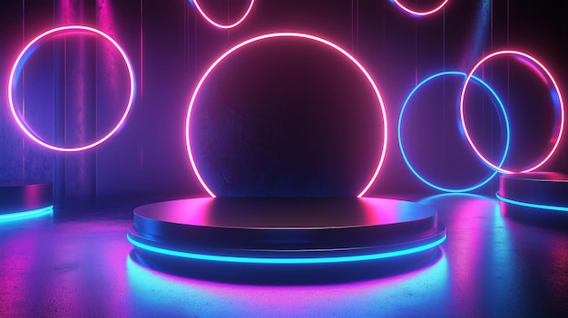 Photo a glossy black podium with curved edges surrounded by abstract neon rings and futuristic geometric s