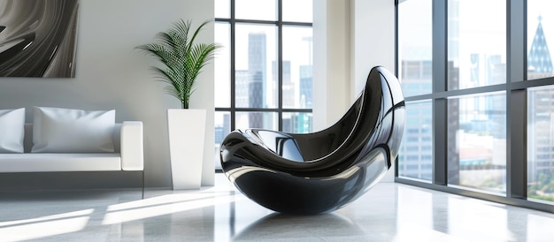 Glossy black sculpture in abstract interior