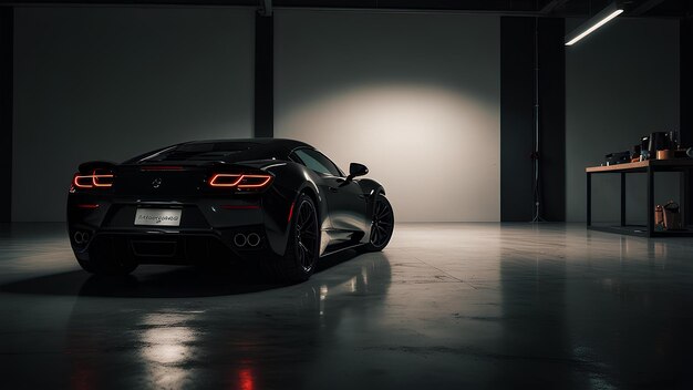 Photo glossy black sports car in minimalist garage dramatic lighting highlights sleek curves and design