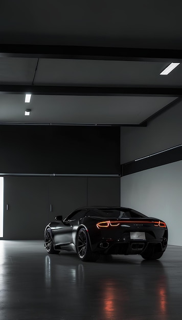 Photo glossy black sports car in minimalist garage dramatic lighting highlights sleek curves and design