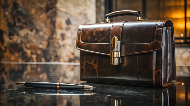 Photo glossy briefcase with marketing documents and a fountain pen concept as a close up of a glossy brief