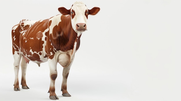 A glossy brown and white cow stands on a plain white background exuding a serene and composed vibe