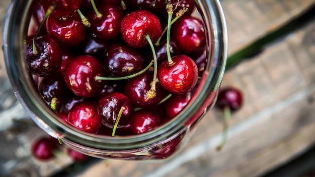 Photo glossy cherries in a glass bowl reflecting summer