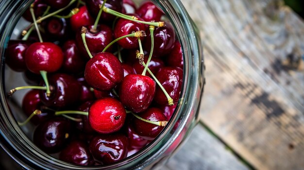 Photo glossy cherries in a glass bowl reflecting summer