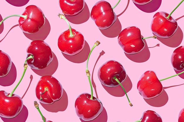 Photo glossy cherries patterned on a vibrant pink background