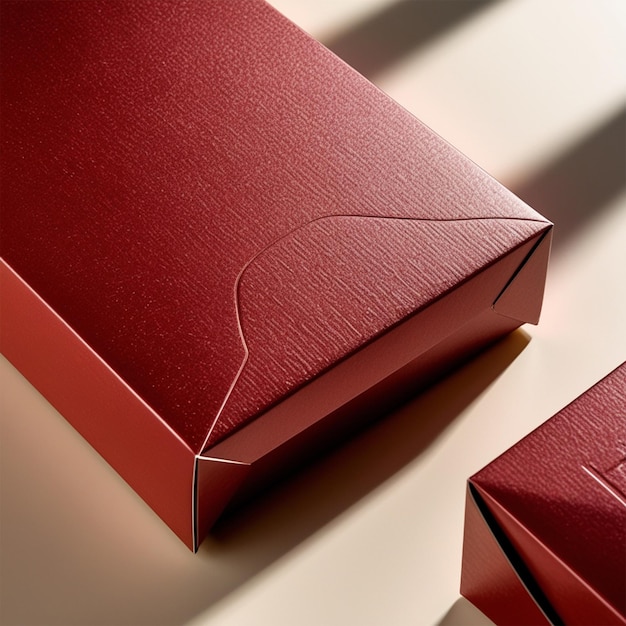 A glossy crimsonred packaging mockup shot in extreme closeup on the cardboard