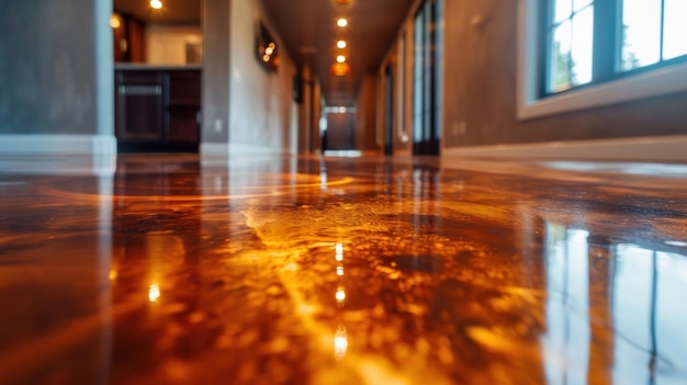 The glossy epoxy floor reflects the contemporary furnishings and warm decor of a modern apartments living room enhancing the spaces overall appeal