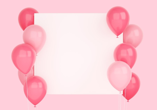 Glossy flying pink balloons with square white banner 3d render illustration