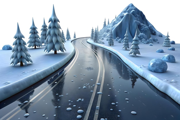 Photo glossy ice covered road in snowy landscape with falling snowflakes captivating winter scene with c