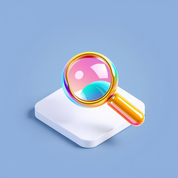 Photo glossy iridescent magnifying glass on a white platform against a blue background