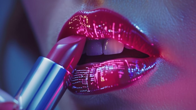 Glossy lips vibrant lipstick application neon reflected colors beauty concept with close up focus on