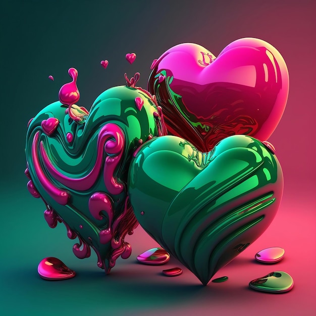 Glossy Liquid Hearts In Green And Pink Color