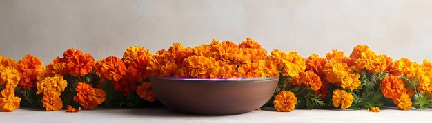 Photo glossy marigolds with holographic offering bowl concept as mid shot of glossy marigolds surrounding