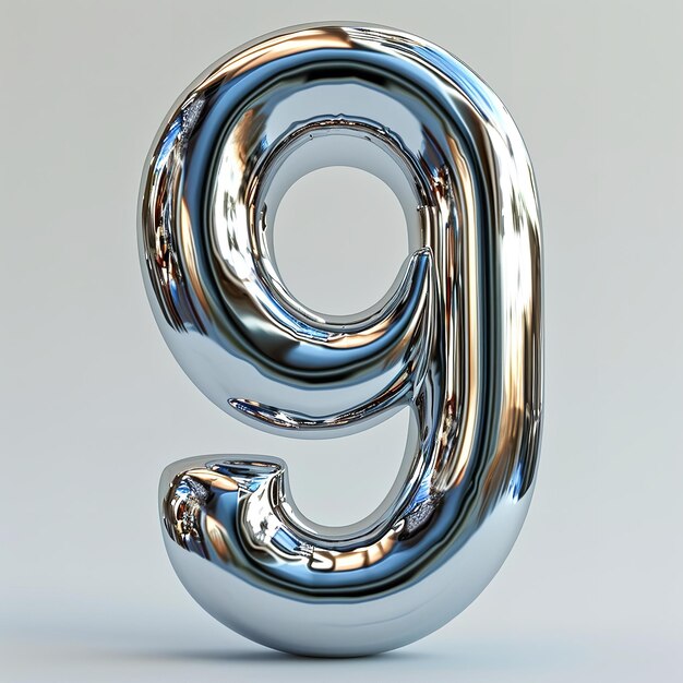 Glossy metallic number 9 reflective surface 3D rendering