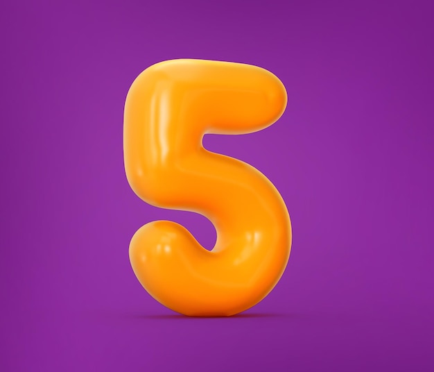 Photo glossy orange jelly number 5 or five isolated on purple background with shadow 3d illustration