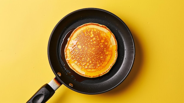 Photo a glossy pancake lavishly coated in syrup lies in a frying pan the glossy texture highlighted by a b