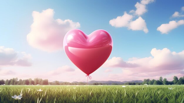 Glossy Pink Heart Balloon Over Lush Field with Cloudy Sky