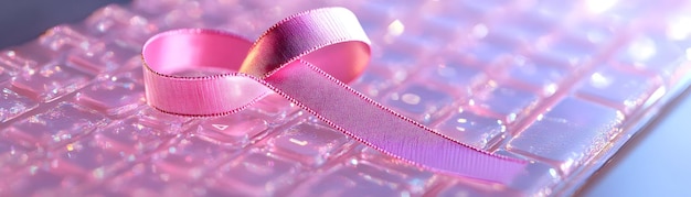 Glossy pink ribbon and awareness ribbon on a holographic keyboard with copy space concept as A creat