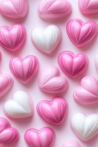 Glossy pink and white sculpted hearts with soft ridges arranged in a symmetrical pattern