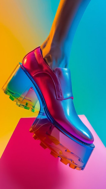 Photo glossy platform shoe with rainbow hue