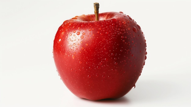 Glossy red apple with water droplets on a white background showcasing its freshness and appeal