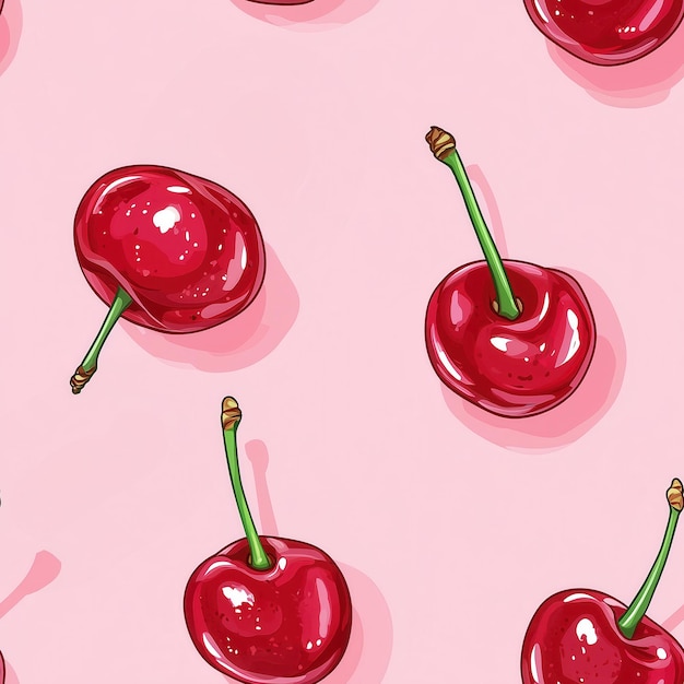 Photo glossy red cherries with green stems scattered on a light pink background in a playful design