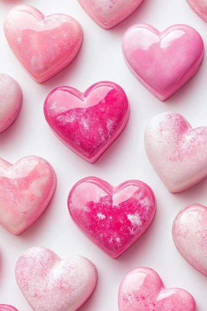 Glossy shiny pink heart shaped sweets with a delicate sparkle arranged in a neat playful pattern