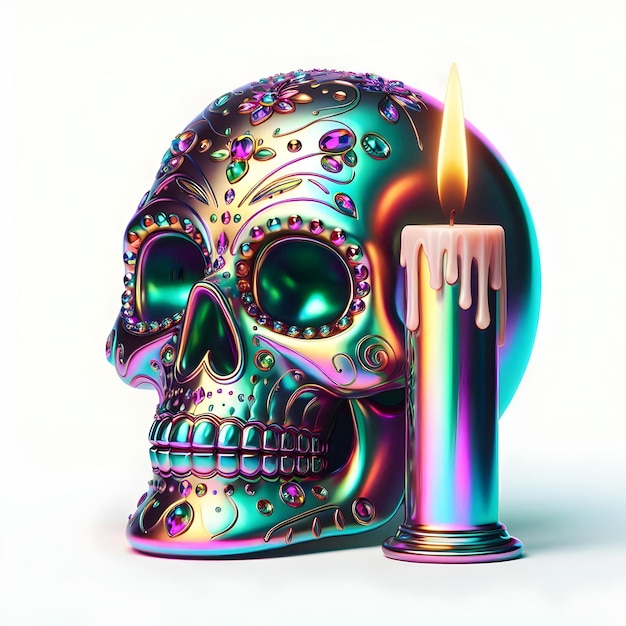 Photo glossy sugar skull with holographic candle concept as close up of a glossy sugar skull beside a holo