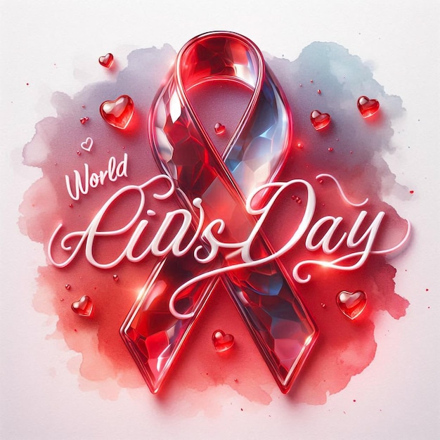 Photo glossy translucent glass ribbon with world aids day text on red watercolor background