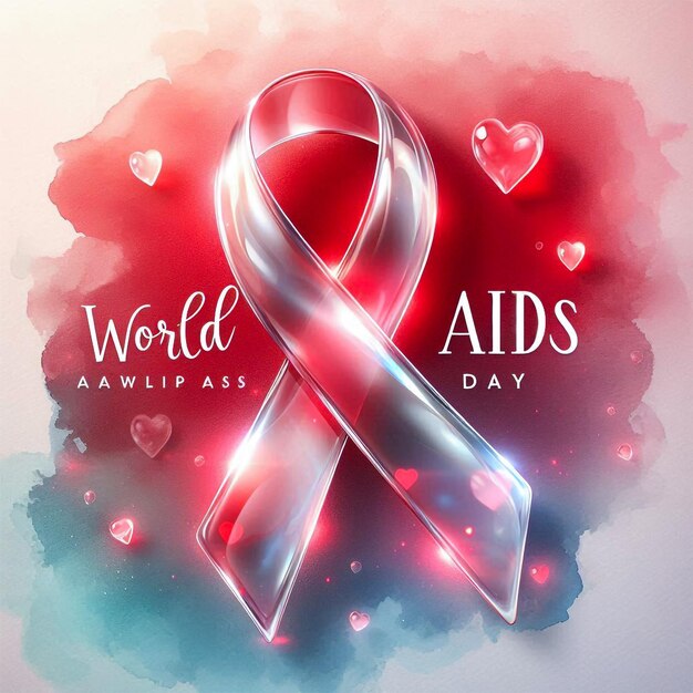 Photo glossy translucent glass ribbon with world aids day text on red watercolor background