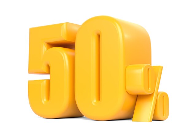 Glossy yellow fifty percent sign isolated on white background 50 discount on sale 3D render