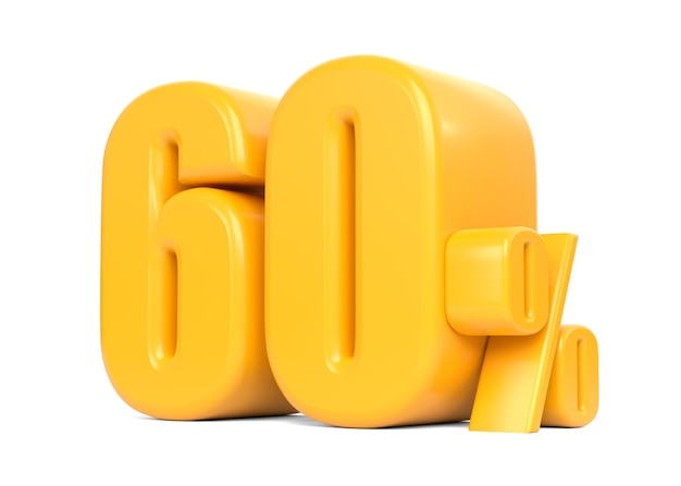 Glossy yellow sixty percent sign isolated on white background 60 discount on sale 3D render