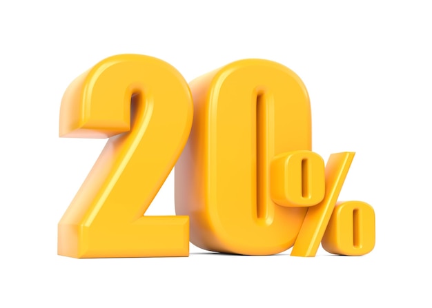 Glossy yellow twenty percent sign isolated on white background 20 discount on sale 3D render