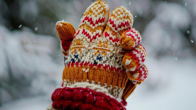 a glove with a red and white striped pattern is shown in the snow