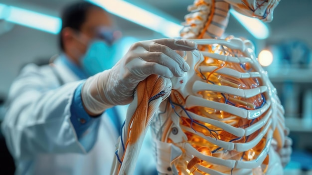 Gloved hand of a doctor or scientist examining a human skeleton