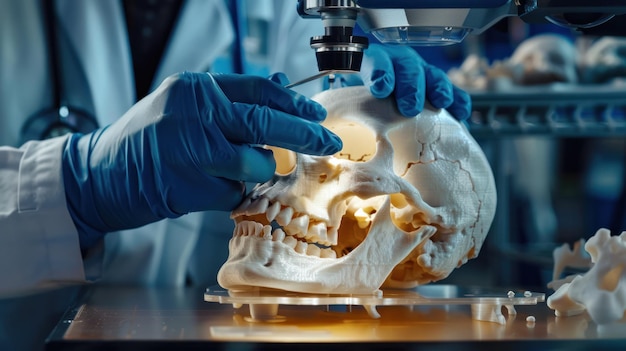 A gloved hand examines a human skull highlighting its intricate details The image evokes themes