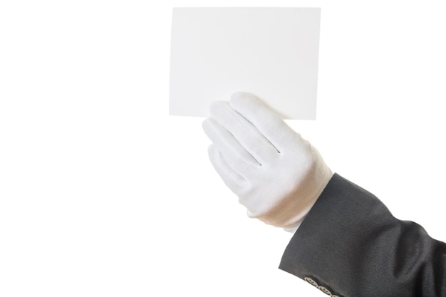 Gloved hand holding a blank card