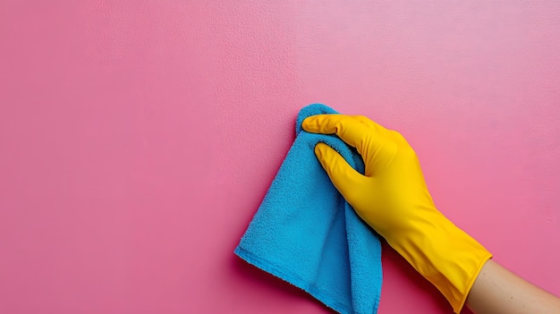 A gloved hand holding a blue cleaning cloth against a pink background