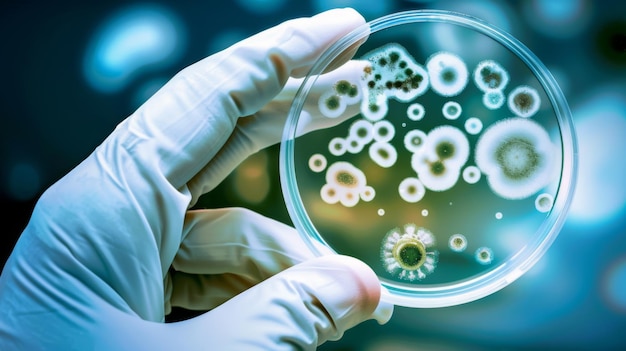 A gloved hand holding a petri dish with various bacteria cultures visible against a blue background