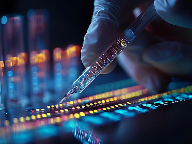 Photo gloved hand holding pipette over test tubes realistic image