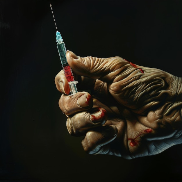 A gloved hand holding an syringe with the needle in it hyper realistic