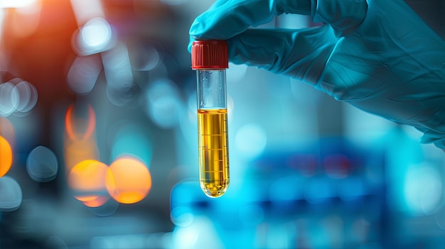 A Gloved Hand Holding a Test Tube Filled with Yellow Liquid