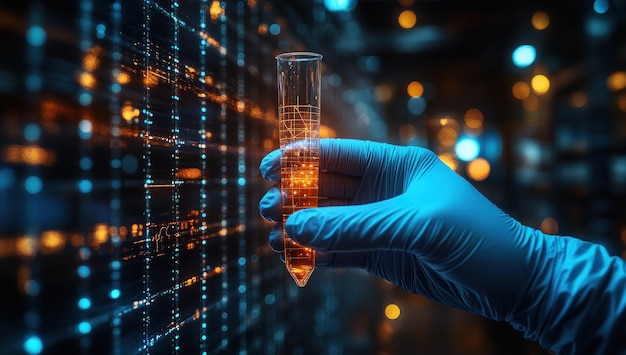 Photo gloved hand holding test tube with glowing liquid