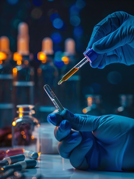 A gloved hand holds a dropper above a test tube